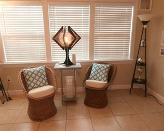 Pair of Natural Wicker Chairs, Industrial Style Metal Top Side Table by, Mid Century Modern Lamp and Black Metal Floor Lamp