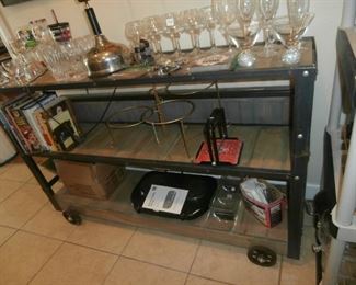 Custom Industrial Style Rolling Serving Cart with Drop Leaf Sides Built by Joe Kirtchener and Glassware