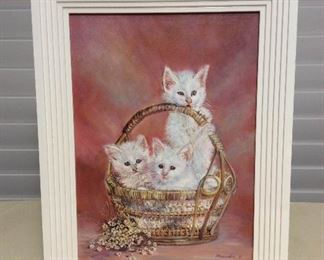 MMT098 Vintage Framed Original Painting Of Kittens