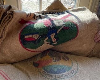 Burlap coffee bean bags from Brazil, Costa Rico, Peru, Africa, Guatemala….