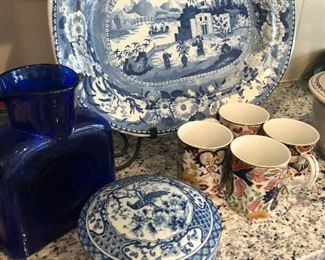 English ironstone and cobalt decanter