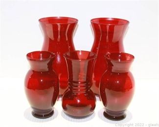5 Vintage Ruby Red Glass Vases