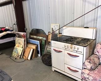 Old stove, framed prints, mirrors, posters etc.