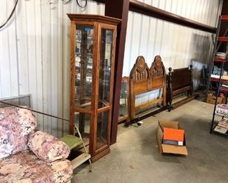 Curio cabinet, bed frames and sofa