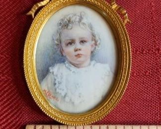Angelic Curly Haired Child Antique Portrait Miniature