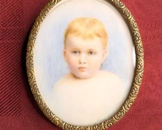 Charming Blond Baby American Antique Portrait Miniature