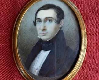 Early 1800s Dark Haired Gentleman Antique Hand Painted Portrait Miniature