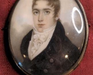 Handsome Brown Haired Man Antique Portrait Miniature with Lock of Hair