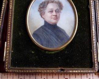 Smiling Woman In Black Dress Antique Portrait Miniature