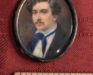Wavy Haired Man With Blue Tie Antique Portrait Miniature