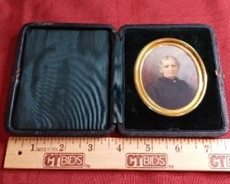 Woman In Black Dress And Gold Brooch Antique Portrait Miniature