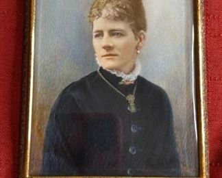 Woman In High Collared Dress Antique Portrait Miniature