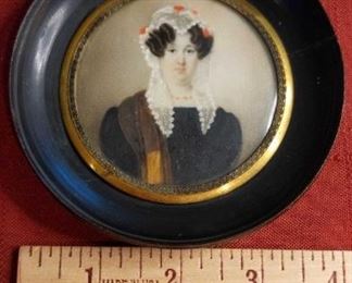 Woman In Lace Head Scarf Antique Portrait Miniature