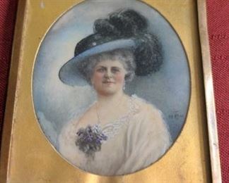 Woman With Feathered Hat Antique Portrait Miniature