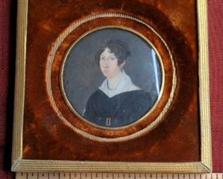 Woman With Green Necklace Antique Portrait Miniature