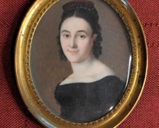 Young Dark Haired Woman Antique Portrait Miniature