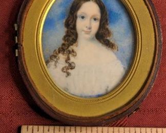 Young Girl With Curly Hair Antique Portrait Miniature