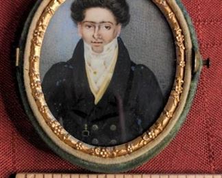 Young Man Antique Portrait Miniature In Green Velvet Case