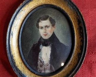 Young Man In Striped Vest Antique Portrait Miniature
