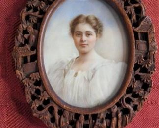 Young Woman Antique Portrait Miniature In Carved Asian Frame