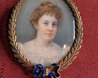 Young Woman Antique Portrait Miniature In Decorative Frame With Blue Enamel Bow