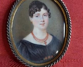 Young Woman With Red Necklace Antique Portrait Miniature