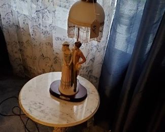Artist signed table lamp, marble top side table