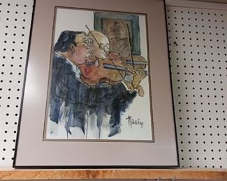 Original two men playing violin in an orchestra framed picture