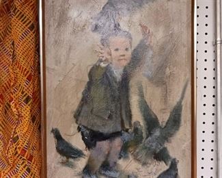 Original painting boy chasing crows