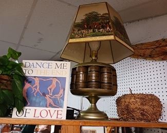 Leonard Cohen book and unusual funky Bourbon Barrel table lamp