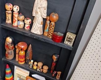 Group of vintage wood kokeshi dolls from Japan