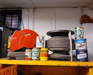 Funky vintage motor oil cans and floor fan