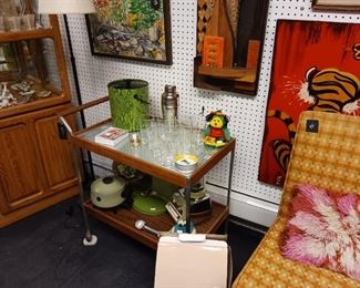 Vintage barware ice bucket and beverage cart with built-in warmer tray avocado green fondue pot and avocado green can opener and blender