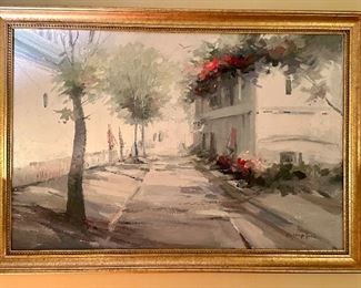 White House, Red Flowers: Oil on Canvas, Signed