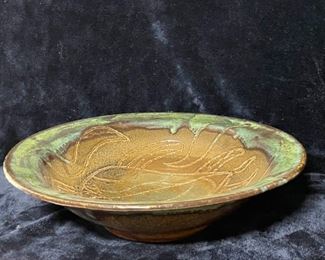 Signed Pottery Plater With Turtle Engraved
