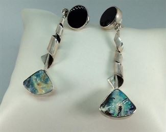 Black onyx and Opal Sterling Earrings