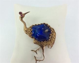 Lapis Lazuli Ruby Peacock Brooch 14k
