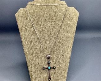 wo-Sided Cross Silver Cross-Turquoise and Coral Necklace