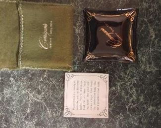 Vintage Corrigan's Jewelers small, smoked glass ring tray with felt pouch