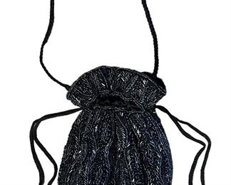 Black and Pewter Drawstring Beaded Bag