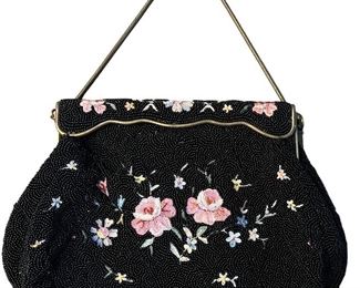 Vtg Black Beaded Bag w Floral Design and Beautiful Brass Clasp Across the Top no name