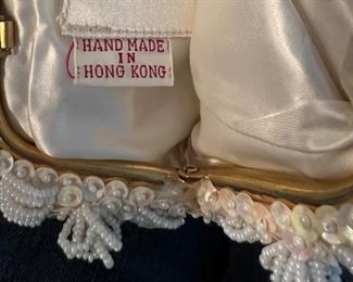 Vtg White Beaded Ornate (Rosettes) Bag Hand Made in Hong Kong 