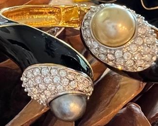 Kenneth J. Lane Black Enamel, Rhinestone, Pearl Bangle Bracelet – designer costume jewelry, 1980s, KJL