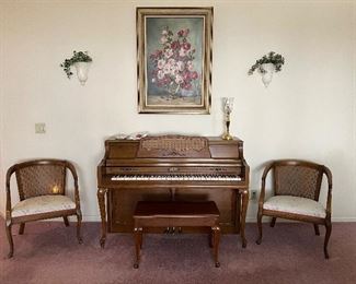 Wurlitzer Piano w Bench, Art, Vintage Cane Back Chairs