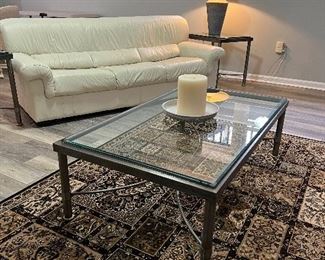 Natuzzi Salotti white leather sofa (pr), rectangular iron framed glass top coffee table