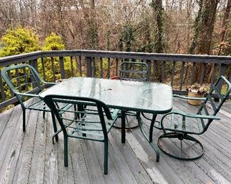 Outdoor Rectangular Glass Top Dining Table with 2 armchairs & 2 swivel armchairs