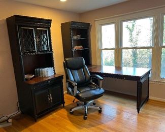 Separated desk with matching shelving and storage units