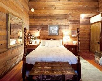 4 post bed with tester, parts are in storage, day bed with mattresses and sheets, as well as duvet and skirts set. Small side table