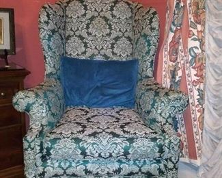 Large quality comfortable wing back chair. Retired springs and custom upholstery.