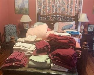 duvet sets with down duvets, bedspreads and coverlet sets. sheets many still in packaging, towels, etc